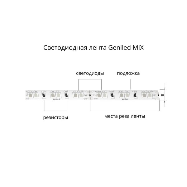 Лента светодиодная Geniled GL-120SMD2835 12В 12Вт/м 8x2000 MIX 2700-6500К IP33 белый