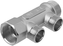 Коллектор латунный 3/4" на 2 выхода 1/2" с наружной резьбой