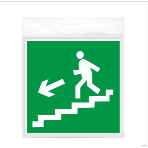 Табличка Направление к эвакуационному выходу по лестнице вниз (левосторонний) 150х150мм