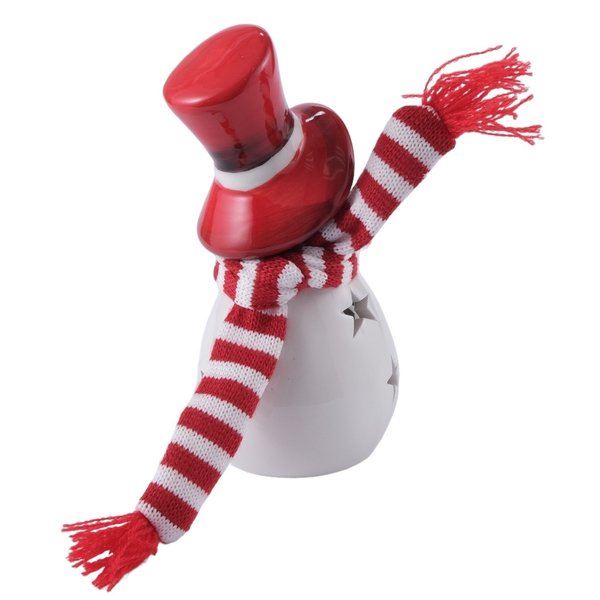 Фигурка керамическая Снеговик с полосатым шарфом 13см, красно-белый, LED-подсветка, SYTCC-3823281