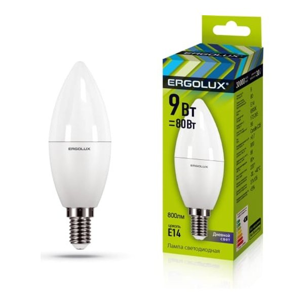 Лампа светодиодная Ergolux LED-C35-9W-E14-6K свеча 9Вт E14 6500K 172-265В холодный свет