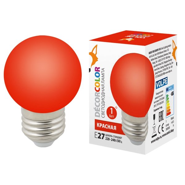 Лампа светодиодная VOLPE 1Вт шар Е27 свет красный