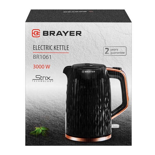 Чайник электрический Brayer BR1061 Strix 3000Вт 1,7л пластик, черный