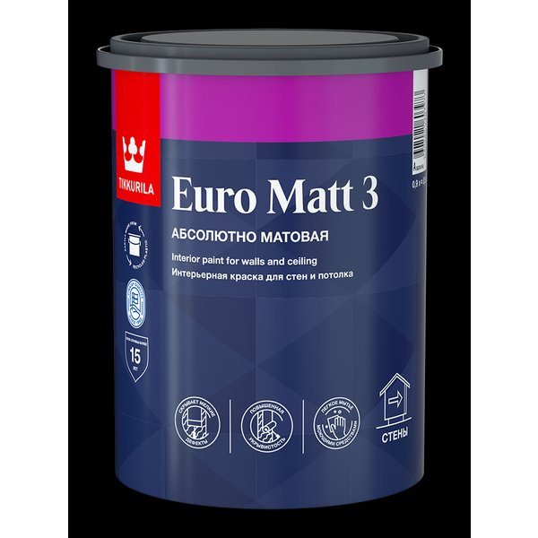 Краска интерьерная Tikkurila EURO Matt 3 глубокоматовая белая (0,9л)