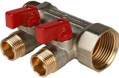 Коллектор с шаровыми кранами 1",2 отвода 1/2" (красные ручки) Stout