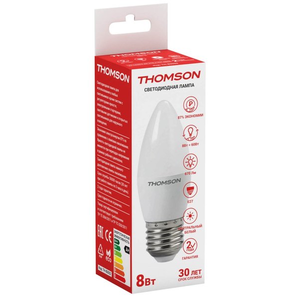 Лампа светодиодная THOMSON 8Вт Е27 свеча 4000К свет нейтральный белый