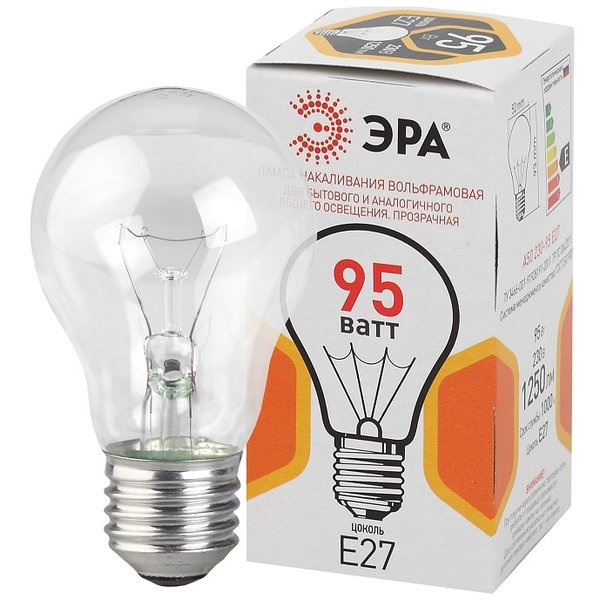 Лампа накаливания ЭРА 95Вт Е27 груша 2700-3000К прозрачная свет теплый