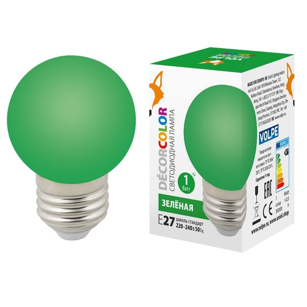 Лампа светодиодная VOLPE 1Вт шар Е27 свет зеленый
