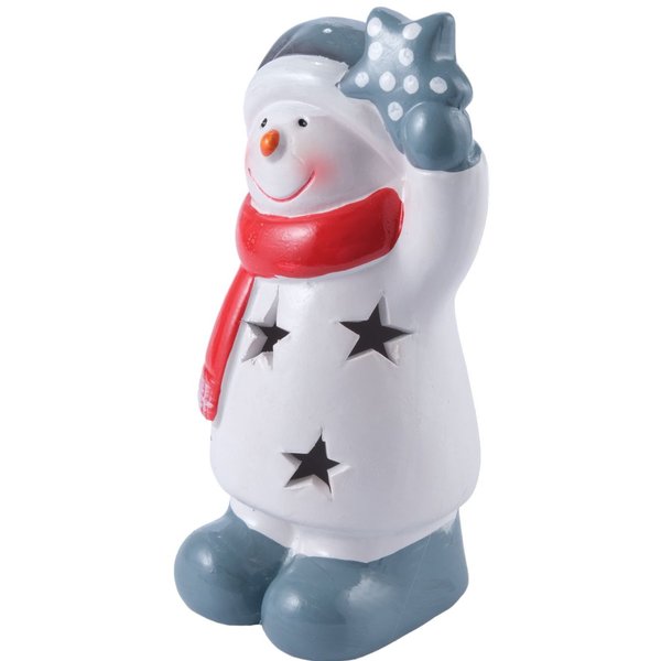 Фигурка керамическая Снеговик со звездой 14,8см, красно-серый, LED-подсветка (+ батарейка 2LR44), SYTCC-382300