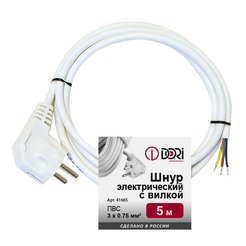 Шнур сетевой DORI ПВС 3х0,75 5м с вилкой белый