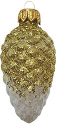 Украшение елочное Шишка в снегу золотая стекло 8см подарочная упаковка