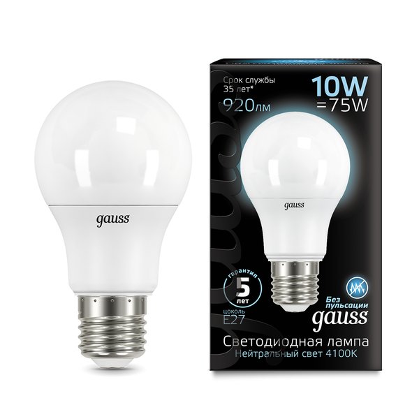 Лампа светодиодная Gauss A60 10W Е27 груша 4100K свет нейтральный белый