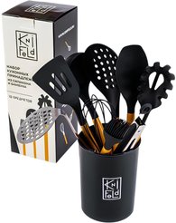 Набор кухонных принадлежностей Knifeld 10 предметов силикон, черный, подставка
