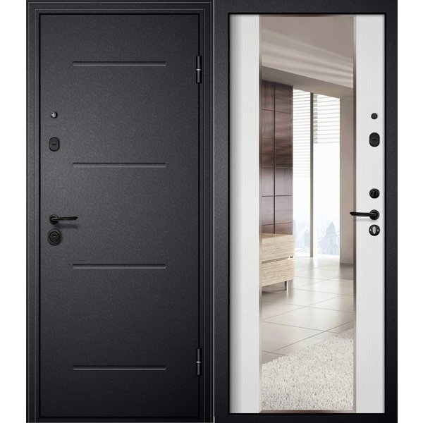 Дверь входная M-4 черный шелк зеркало ПВХ белый ясень 860 правая