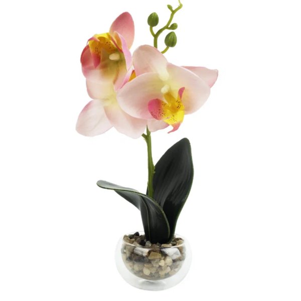Орхидея розовая в кашпо из стекла 25х8х8см