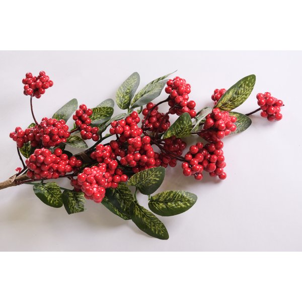 Ветка декоративная 60см с красными ягодами и зелёными листочками SYHHB-032056