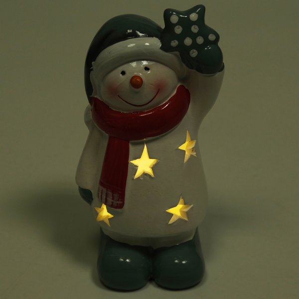 Фигурка керамическая Снеговик со звездой 14,8см, красно-серый, LED-подсветка (+ батарейка 2LR44), SYTCC-382300