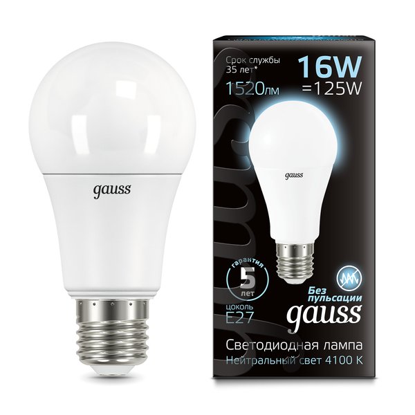 Лампа светодиодная Gauss A60 16W Е27 груша 4100K свет нейтральный белый