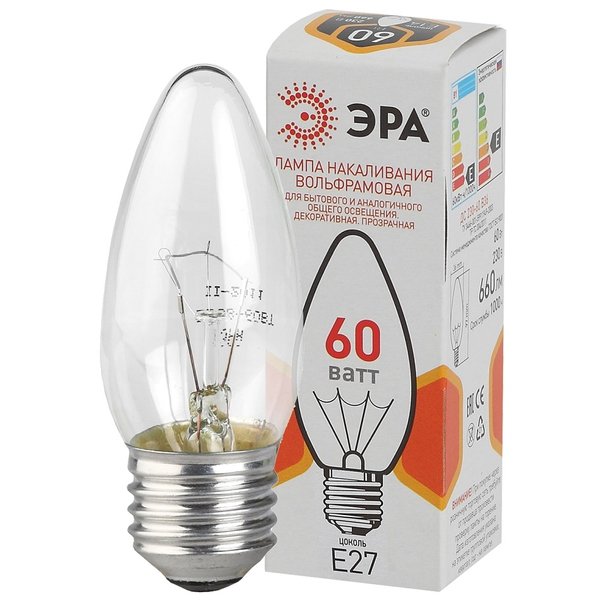 Лампа накаливания ЭРА 60Вт Е27 свеча 2700-3000К прозрачная свет теплый
