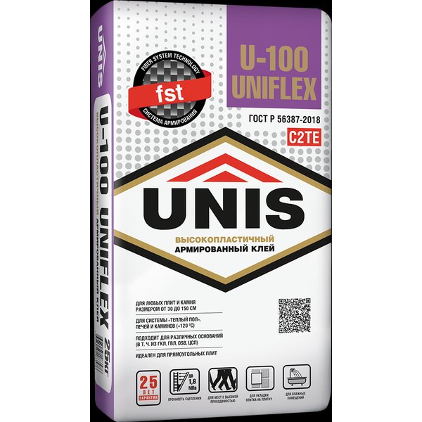 Клей для плитки высокопластичный UNIS U-100 UNIFLEX 25кг