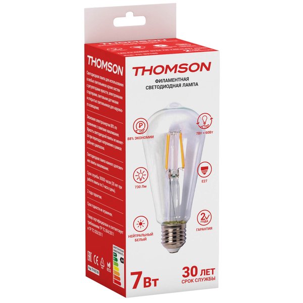 Лампа светодиодная THOMSON LED FILAMENT ST64 7Вт E27 4500K свет нейтральный белый