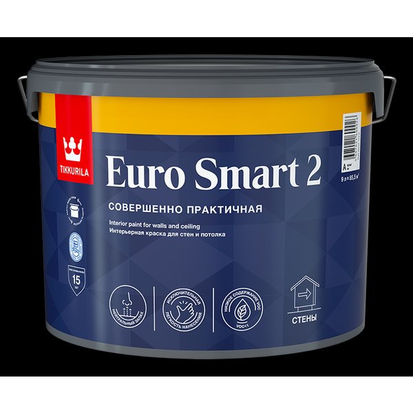 Краска интерьерная Tikkurila EURO Smart 2 глубокоматовая белая (9л)