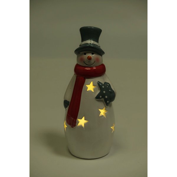 Фигурка керамическая Снеговик в цилиндре 18см, красно-серый, LED-подсветка (+ батарейка 2LR44), SYTCC-3823003
