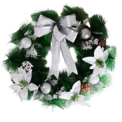 Венок новогодний 40см с цветами и шишками серебристый SYCW18B-094