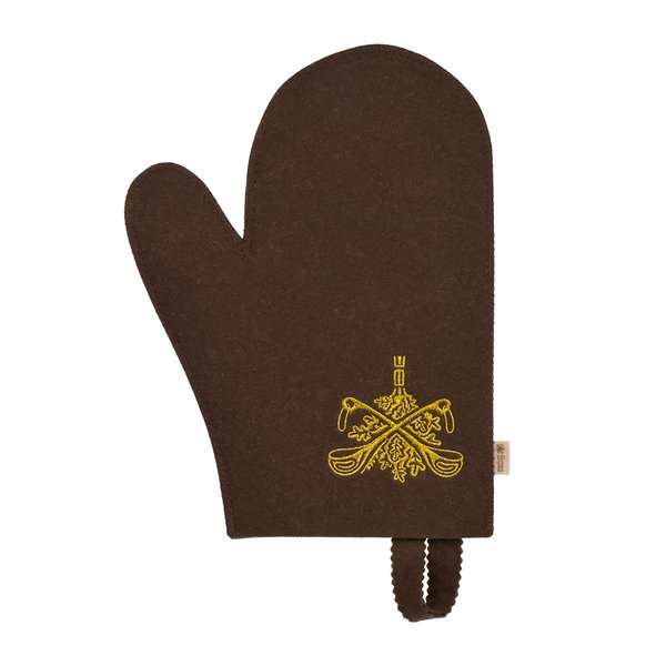 Рукавица для бани и сауны коричневая с вышитым логотипом Банные штучки,войлок