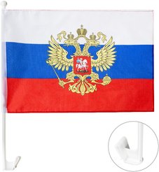 Флаг России с гербом 30х45см полиэфирный шелк с креплением на машину