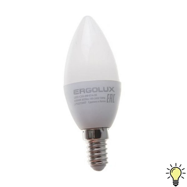 Лампа светодиодная Ergolux LED-C35-9W-E14-3K свеча 9Вт E14 3000K 172-265В теплый свет