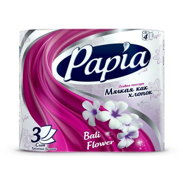Бумага туалетная Papia белая 3-х слойные (4рул) Балийский цветок