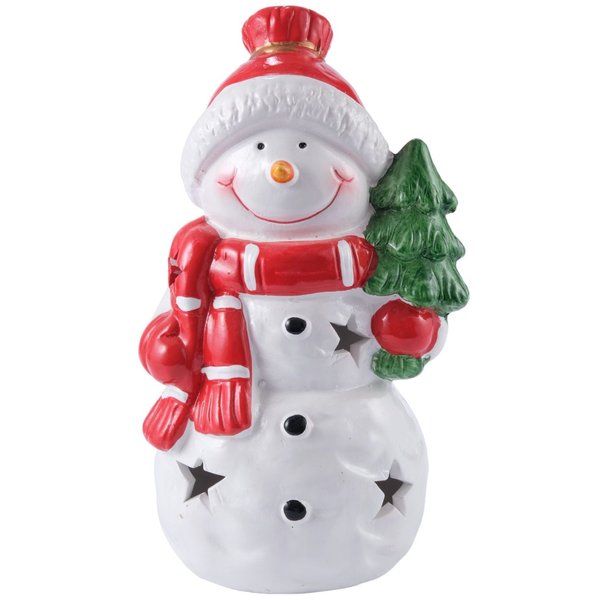 Фигурка керамическая Снеговик с елочкой 20,5см, красно-белый, LED-подсветка (+ батарейка 2LR44), SYTCC-3823025