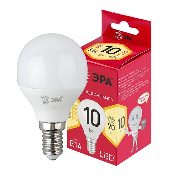 Лампочка светодиодная ЭРА RED LINE LED P45-10W-827-Е14 R E14 10Вт шар теплый белый свет