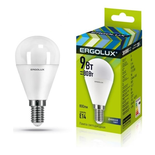Лампа светодиодная Ergolux LED-G45-9W-E14-6K шар 9Вт E14 6500K 172-265В холодный свет