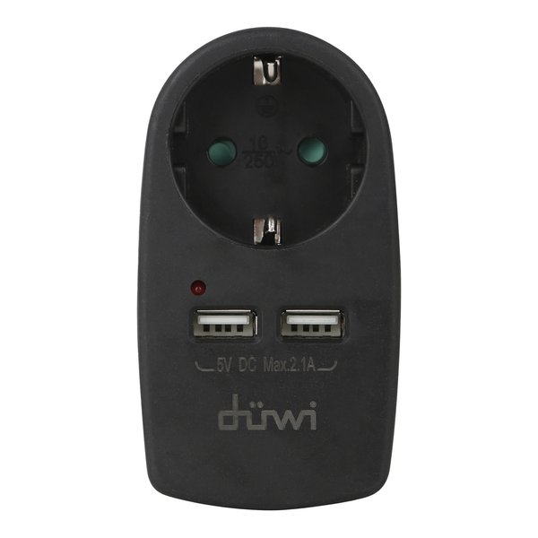 Адаптер розеточный duwi 1 гнездо + 2 USB порта с/з 16A 230В 3680Вт IP20 черный