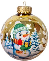 Шар с узором Снеговик с подарком 8см, золото, подарочная упаковка, КУ-80-244003