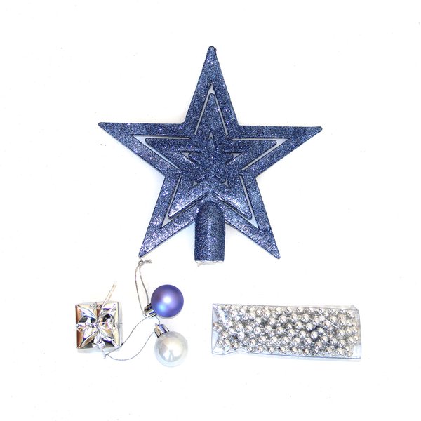 Набор украшений звёзды,снежинки,подарки,сосульки,колокольчики,бусы,шары 59шт белый и голубой SYQB-0120173