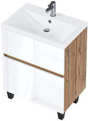 Тумба напольная TWIN 70см 2 ящика дуб вотан-белый глянец в комплекте с раковиной