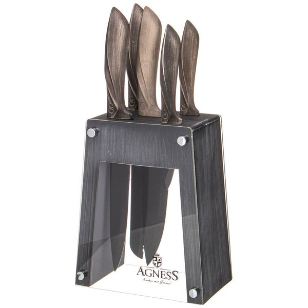 Набор ножей Agness Монблан 5 предметов нерж.сталь+подставка, пластик