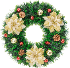 Венок новогодний из мишуры 35см с шишками и золотыми цветами ПЭТ, SYMTB-1724096