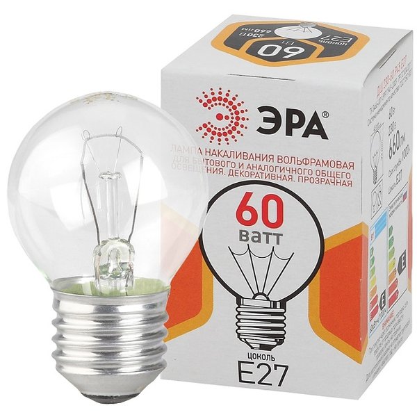 Лампа накаливания ЭРА 60Вт Е27 шар 2700-3000К прозрачная свет теплый