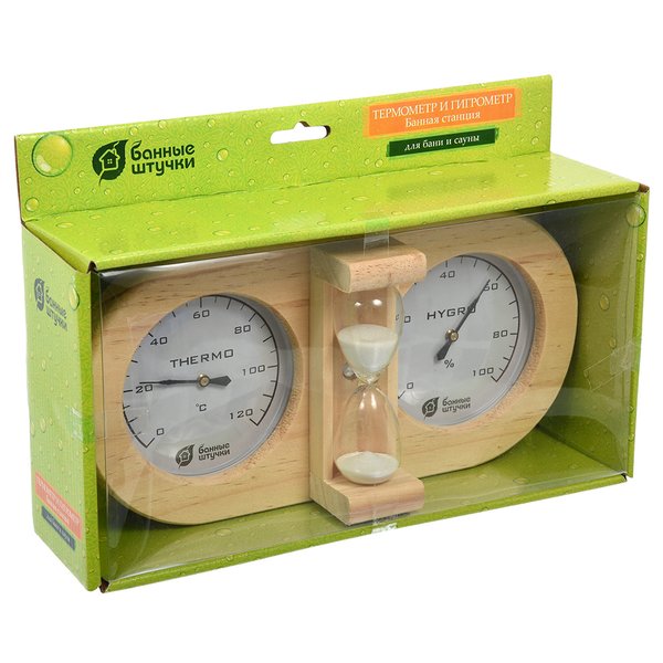 Термометр с гигрометром Банная станция с песочными часами 27х13,8х7,5см для бани и сауны