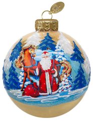 Шар с узором Дед Мороз и лошадка 10см, золото, подарочная упаковка, КУ-100-254024