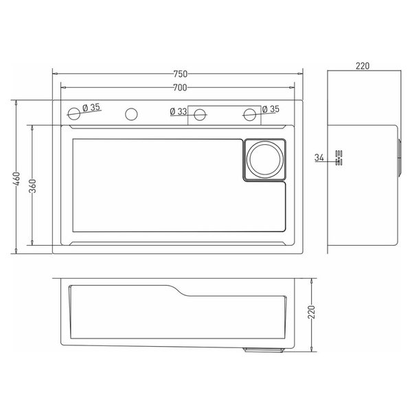 Мойка кухонная врезная MIXLINE PRO 750х460х215мм прямоугольная, нерж.сталь, сатин, с сифоном+дозатор+смеситель