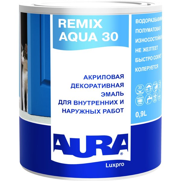 Эмаль акриловая AURA Luxpro Remix Aqua 30 полуматова белая (0,9л)