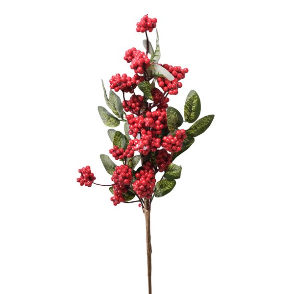 Ветка декоративная 60см с красными ягодами и зелёными листочками SYHHB-032056