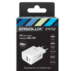 Устройство зарядное сетевое 3А USB+Type C без кабеля белый ERGOLUX