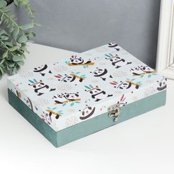 Шкатулка дерево Панды-индейцы кожзам и бархат 5,5х24х17 см
