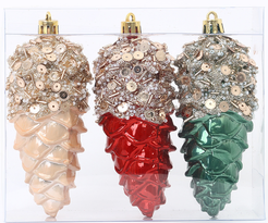 Набор украшений Шишки 3шт 8см, шампань+красный+зеленый, SYQD1-0125005